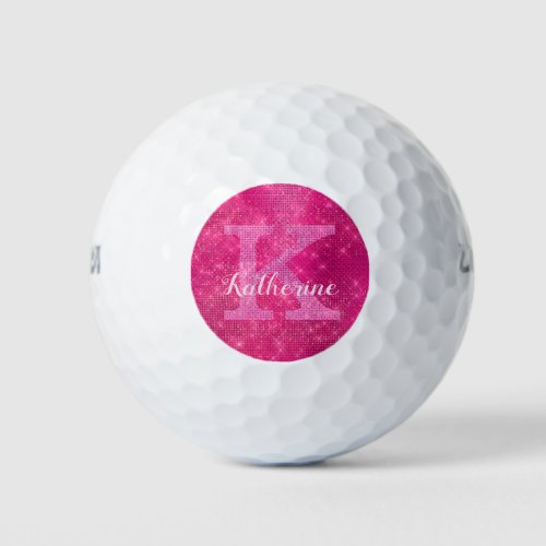 Girly Hot Pink Cool Diamond Sparkle Monogram Name Golf Balls