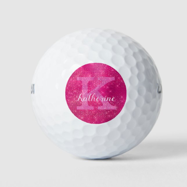 Girly Hot Pink Cool Diamond Sparkle Monogram Name Golf Balls (Front)