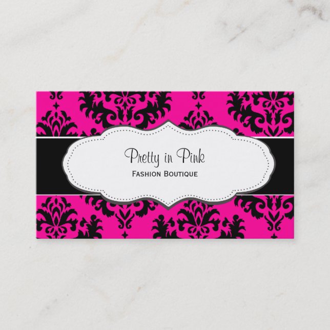 Girly Hot Pink Damask Business Cards (Front)