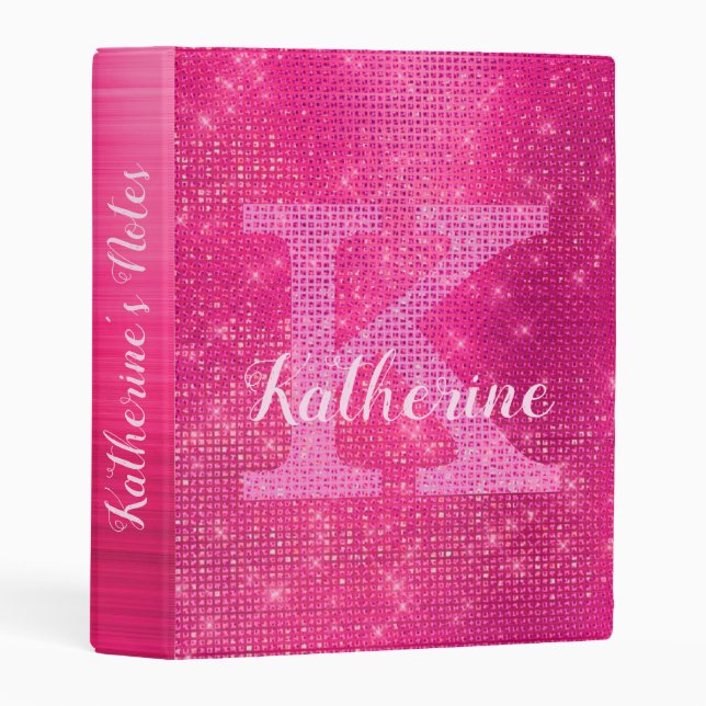 Girly Hot Pink Diamond Glam Sparkle Monogram Mini Binder (Front/Spine)
