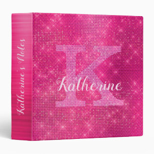 Girly Hot Pink Diamond Glam Sparkle Monogram Name 3 Ring Binder