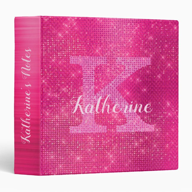 Girly Hot Pink Diamond Glam Sparkle Monogram Name 3 Ring Binder (Front/Spine)