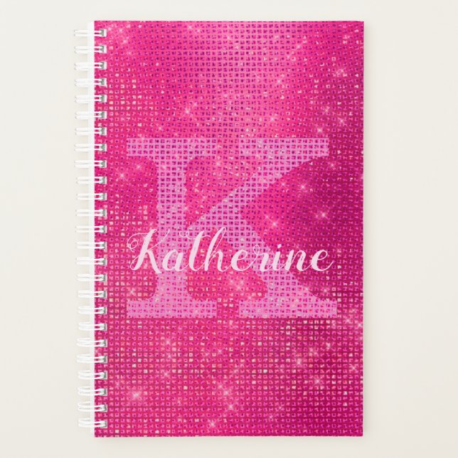Girly Hot Pink Diamond Glam Sparkle Monogram Name Planner (Front)