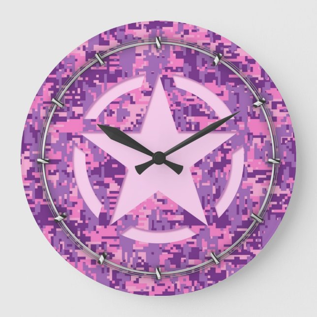 Girly Hot Pink Digital Camouflage Camo Large Clock (Front)