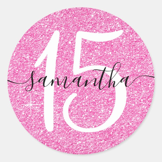 Girly Hot Pink Faux Glitter Personalized 15 Classic Round Sticker (Front)