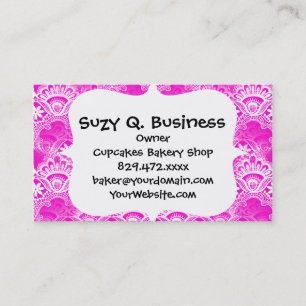 Girly Hot Pink Fuchsia White Lace Damask Business Card