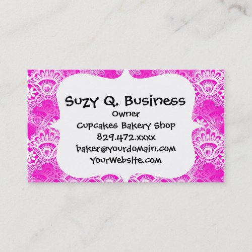 Girly Hot Pink Fuchsia White Lace Damask Business Card