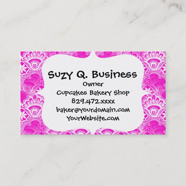 Girly Hot Pink Fuchsia White Lace Damask Business Card (Front)