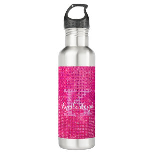 Girly Hot Pink Glam Diamond Glitter Monogram Name  Stainless Steel Water Bottle