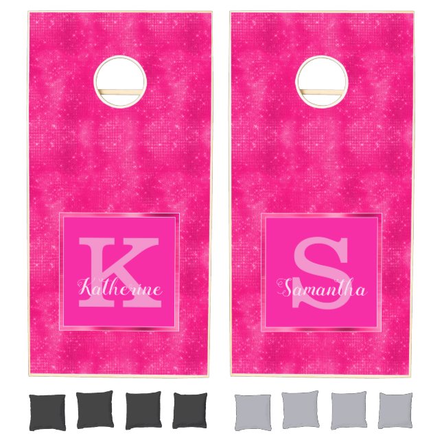 Girly Hot Pink Glam Diamond Sparkle Cool Monogram Cornhole Set (Set)