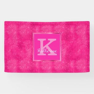 Girly Hot Pink Glam Diamond Sparkle Monogram Name Banner