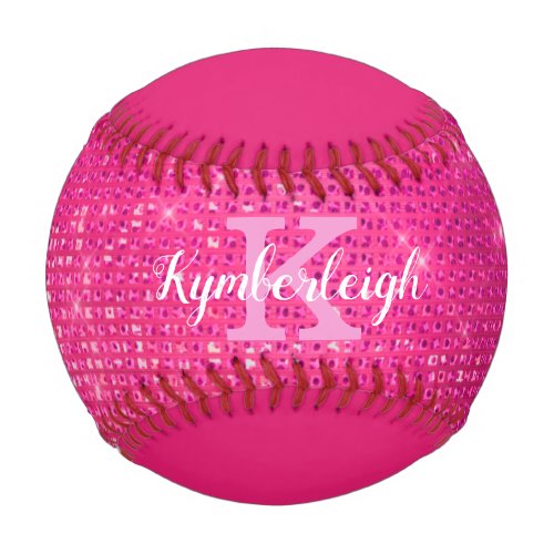 Girly Hot Pink Glam Diamond Sparkle Monogram Name Baseball