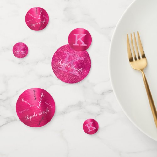 Girly Hot Pink Glam Diamond Sparkle Monogram Name Confetti