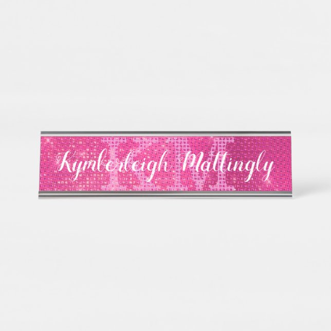 Girly Hot Pink Glam Diamond Sparkle Monogram Name Desk Name Plate (Front)