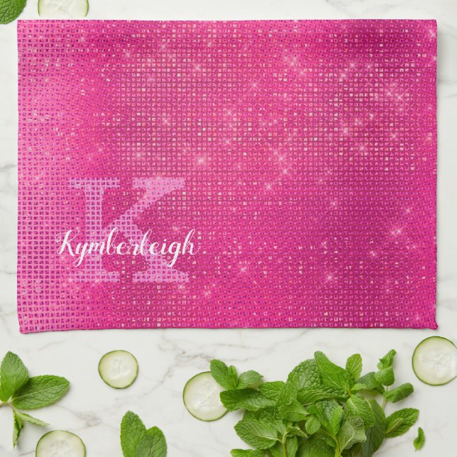 Girly Hot Pink Glam Diamond Sparkle Monogram Name Kitchen Towel (Folded)