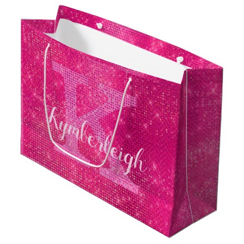 Girly Hot Pink Glam Diamond Sparkle Monogram Name Large Gift Bag