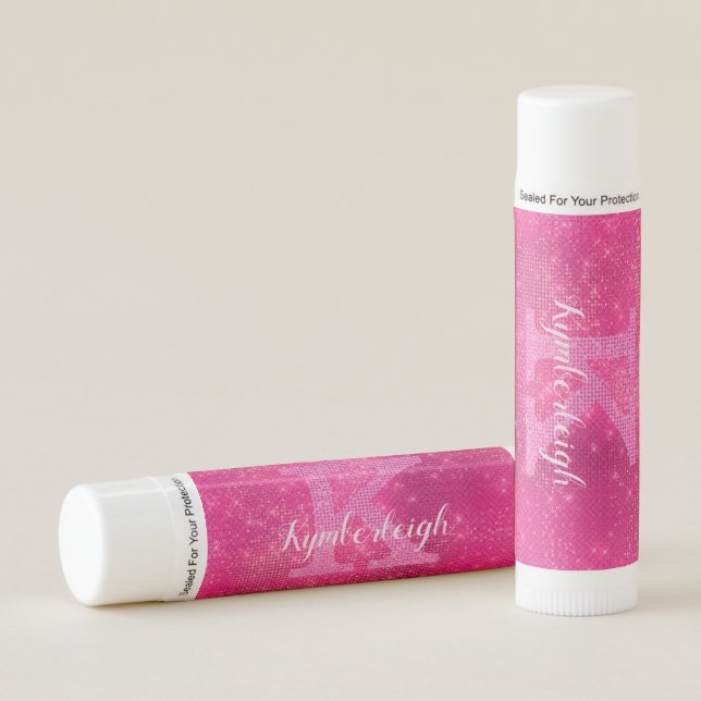 Girly Hot Pink Glam Diamond Sparkle Monogram Name Lip Balm (Front)