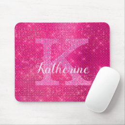 Girly Hot Pink Glam Diamond Sparkle Monogram Name Mouse Pad