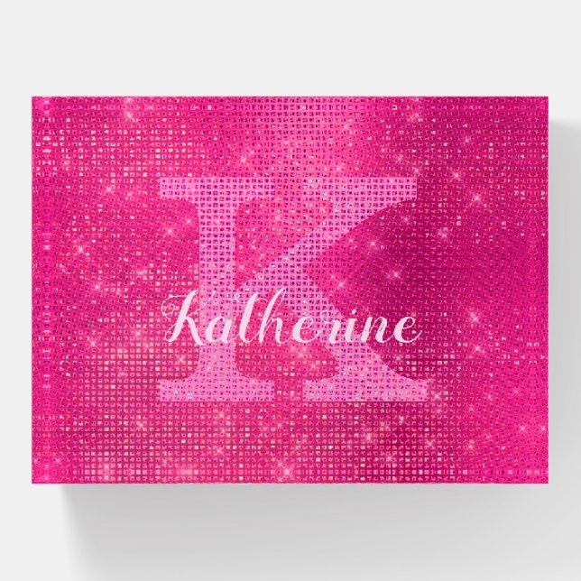 Girly Hot Pink Glam Diamond Sparkle Monogram Name Paperweight (Front)