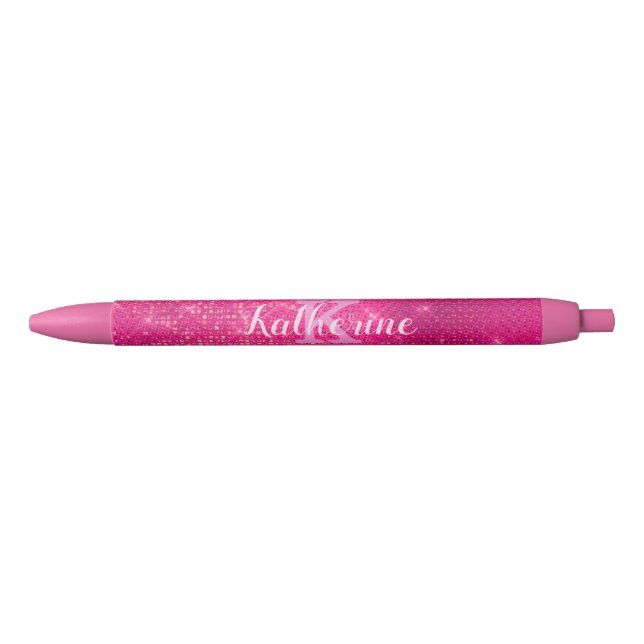 Girly Hot Pink Glam Diamond Sparkle Monogram Name Pen (Front)
