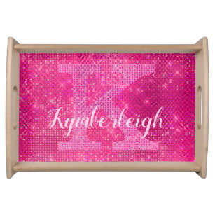 Girly Hot Pink Glam Diamond Sparkle Monogram Name Serving Tray