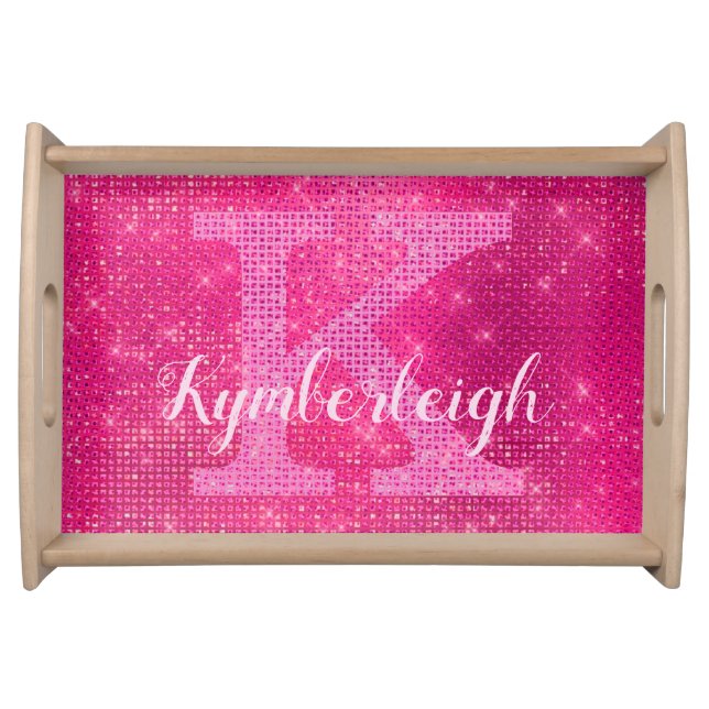 Girly Hot Pink Glam Diamond Sparkle Monogram Name Serving Tray (Front)