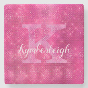 Girly Hot Pink Glam Diamond Sparkle Monogram Name Stone Coaster