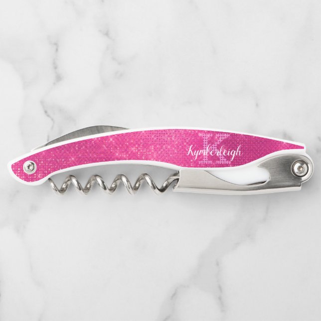Girly Hot Pink Glam Diamond Sparkle Monogram Name Waiter's Corkscrew (Back)
