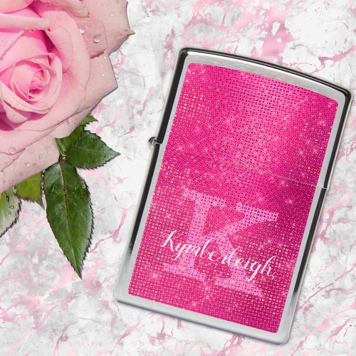 Girly Hot Pink Glam Diamond Sparkle Monogram Name Zippo Lighter