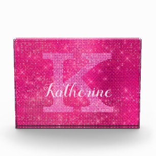 Girly Hot Pink Glam Glitter Sparkle Monogram Name Acrylic Award