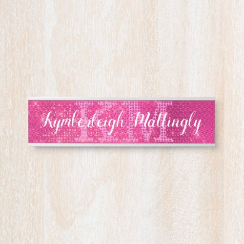 Girly Hot Pink Glam Glitter Sparkle Monogram Name Door Sign