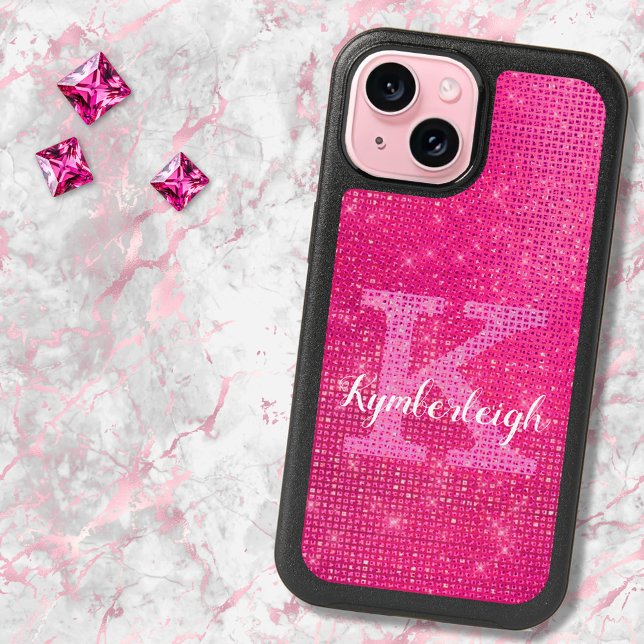 Girly Hot Pink Glam Glitter Sparkle Monogram Name iPhone 15 Case (Creator Uploaded)