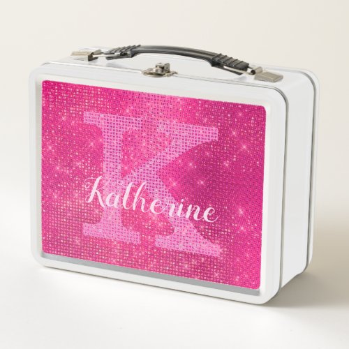Girly Hot Pink Glam Glitter Sparkle Monogram Name Metal Lunch Box