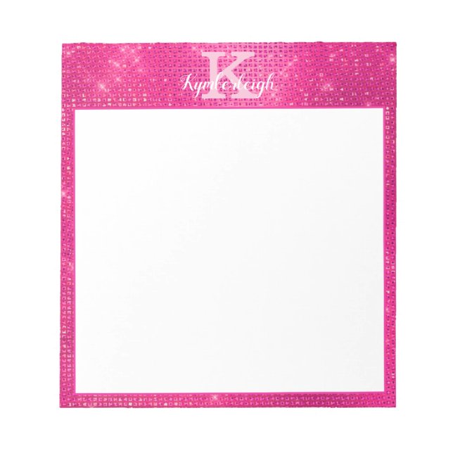 Girly Hot Pink Glam Glitter Sparkle Monogram Name Notepad (Front)