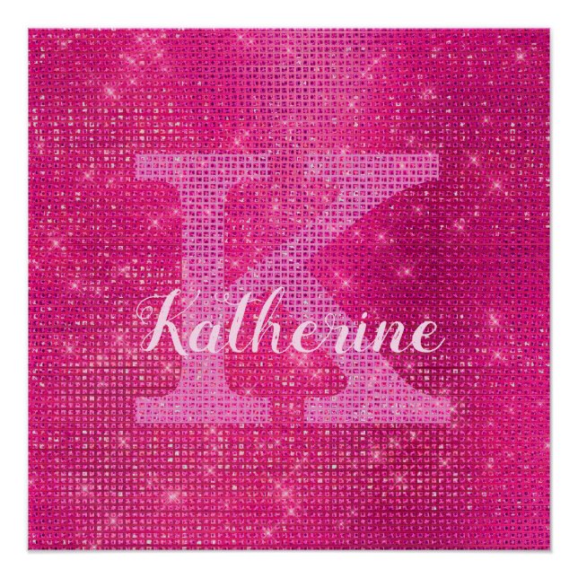 Girly Hot Pink Glam Glitter Sparkle Monogram Name Poster (Front)