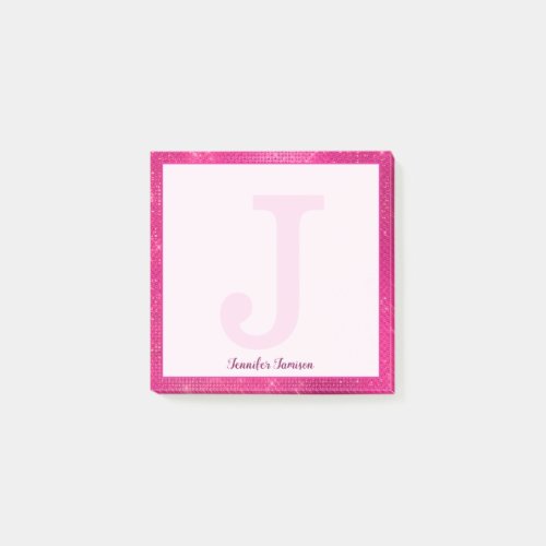 Girly Hot Pink Glam Sparkle Small Monogram Name Post_it Notes