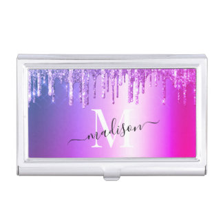 Girly Hot Pink Glitter Drip Foil Monogram Business Card Case