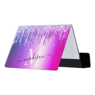 Girly Hot Pink Glitter Drip Foil Monogram Desk Desk Business Card Holder