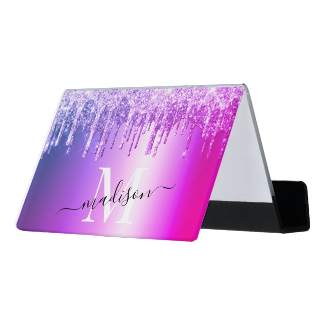 Girly Hot Pink Glitter Drip Foil Monogram Desk  Desk Business Card Holder (Angled Back)