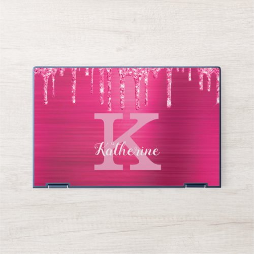 Girly Hot Pink Glitter Drips Chic Monogram Name HP Laptop Skin