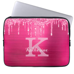 Girly Hot Pink Glitter Drips Chic Monogram Name Laptop Sleeve