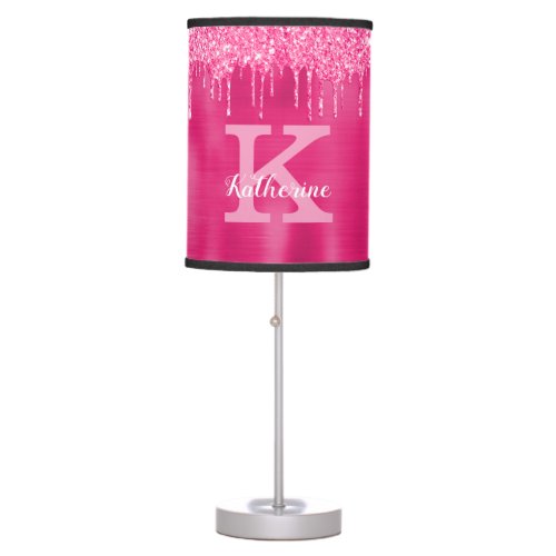 Girly Hot Pink Glitter Drips Chic Monogram Name Table Lamp