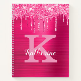 Girly Hot Pink Glitter Drips Cool Monogram Name Notebook