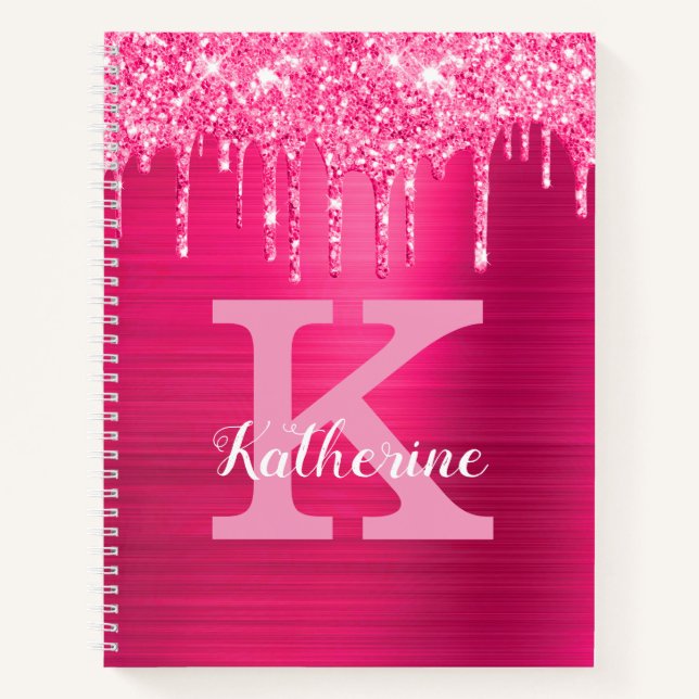 Girly Hot Pink Glitter Drips Cool Monogram Name Notebook (Front)
