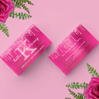 Girly Hot Pink Glitter Drips Glam Chic Monogram Business Card