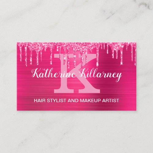 Girly Hot Pink Glitter Drips Glam Chic Monogram Business Card