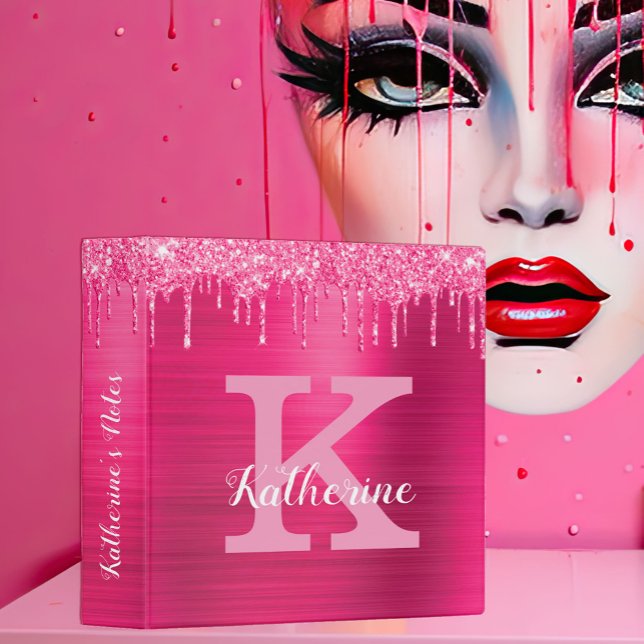 Girly Hot Pink Glitter Drips Glam Monogram Name 3 Ring Binder (Creator Uploaded)