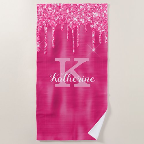 Girly Hot Pink Glitter Drips Glam Monogram Name Beach Towel