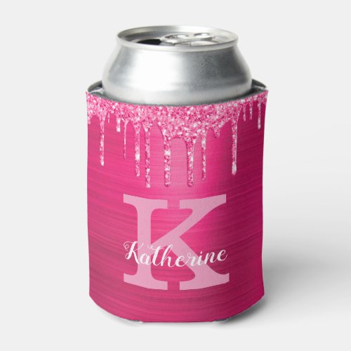 Girly Hot Pink Glitter Drips Glam Monogram Name Can Cooler