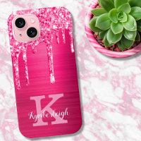 Girly Hot Pink Glitter Drips Glam Monogram Name